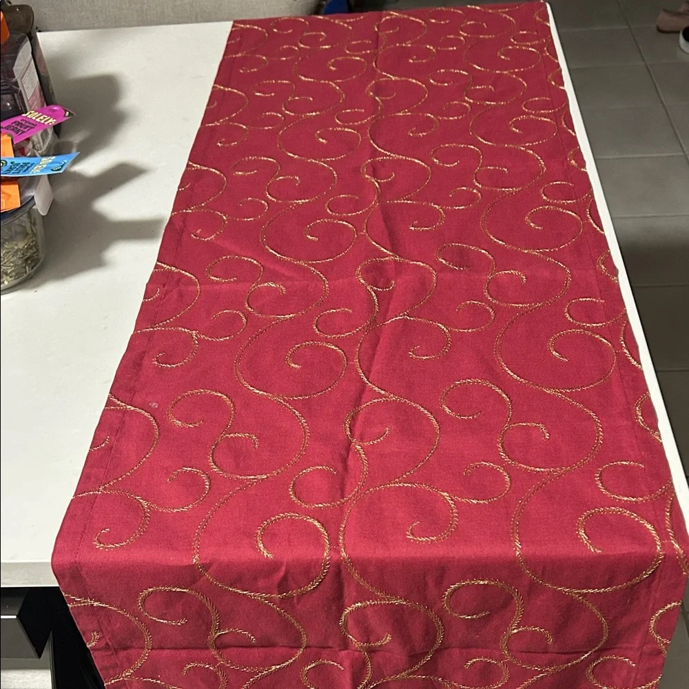 Bovi Italian dark cherry and gold embroidered table runner w tassels